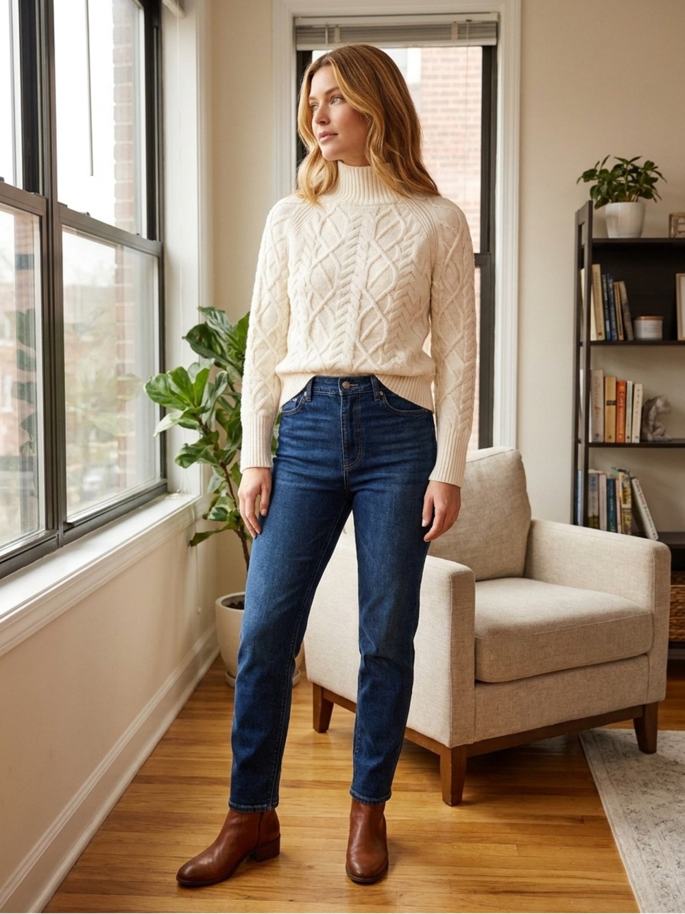 Talbots Cream Cable-Knit Mock Neck Sweater